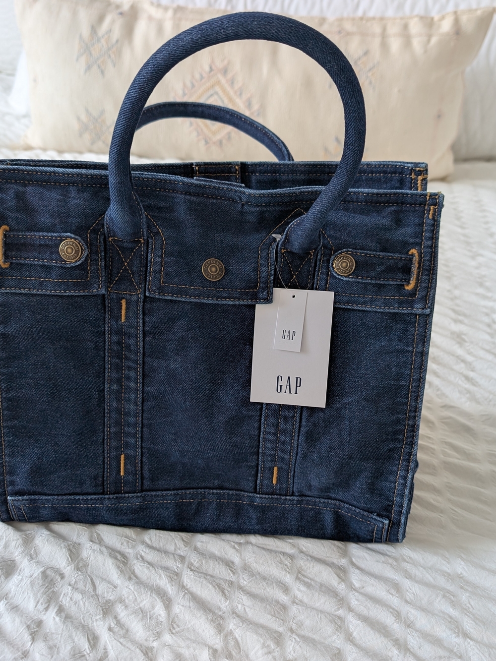 GAP Dark Indigo Denim Tote with Gold Stitching
